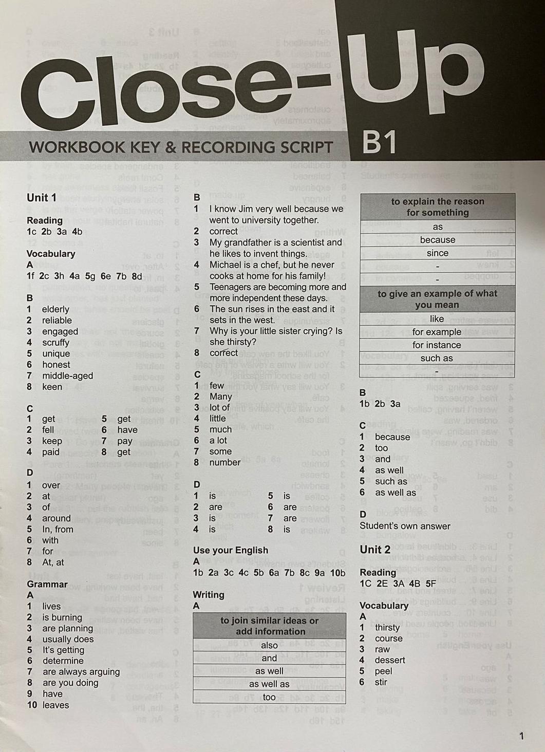 CLOSE-UP B1  Workbook  Key & Recording Script